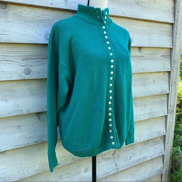 Vintage 90s Solid Print Micro Button Down Long Sleeve Mock Neck Cardigan Sweater - Picture 2 of 16